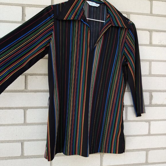 Vintage 70s Tunic Top 35" Bust Black Stripes Butterfly Collar Miss Fashionality - Picture 3 of 11